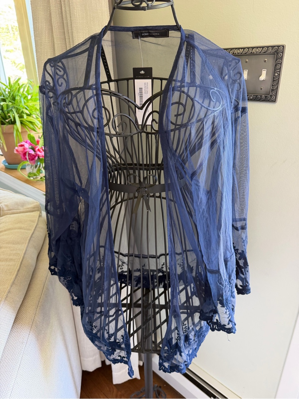 BCBGMaxAzria Sheer Navy Blue Embroidered Trim Kimono